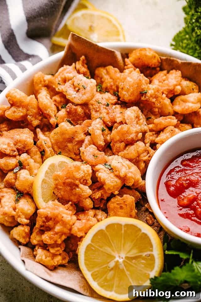 Crispy Popcorn Shrimp are one of my favorite party food ideas so bring on the dipping sauce! Just 30 minutes from golden, crispy perfection! Popcorn shrimp on a plate with lemon and dipping sauce