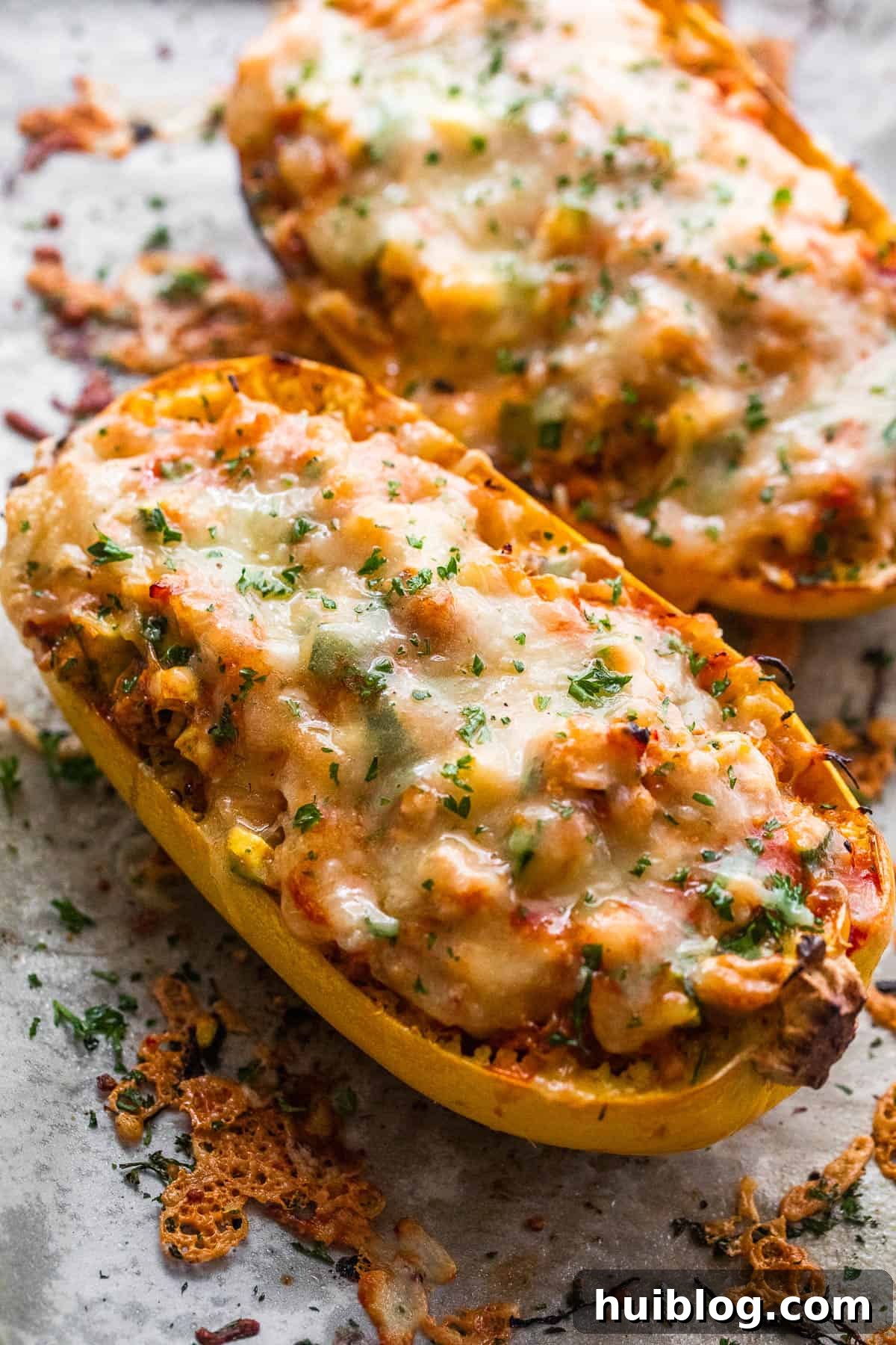 Enchilada Fiesta Squash Bowls 5 Close-up of a chicken enchilada spaghetti squash boat, showcasing the melted cheese and vibrant filling.