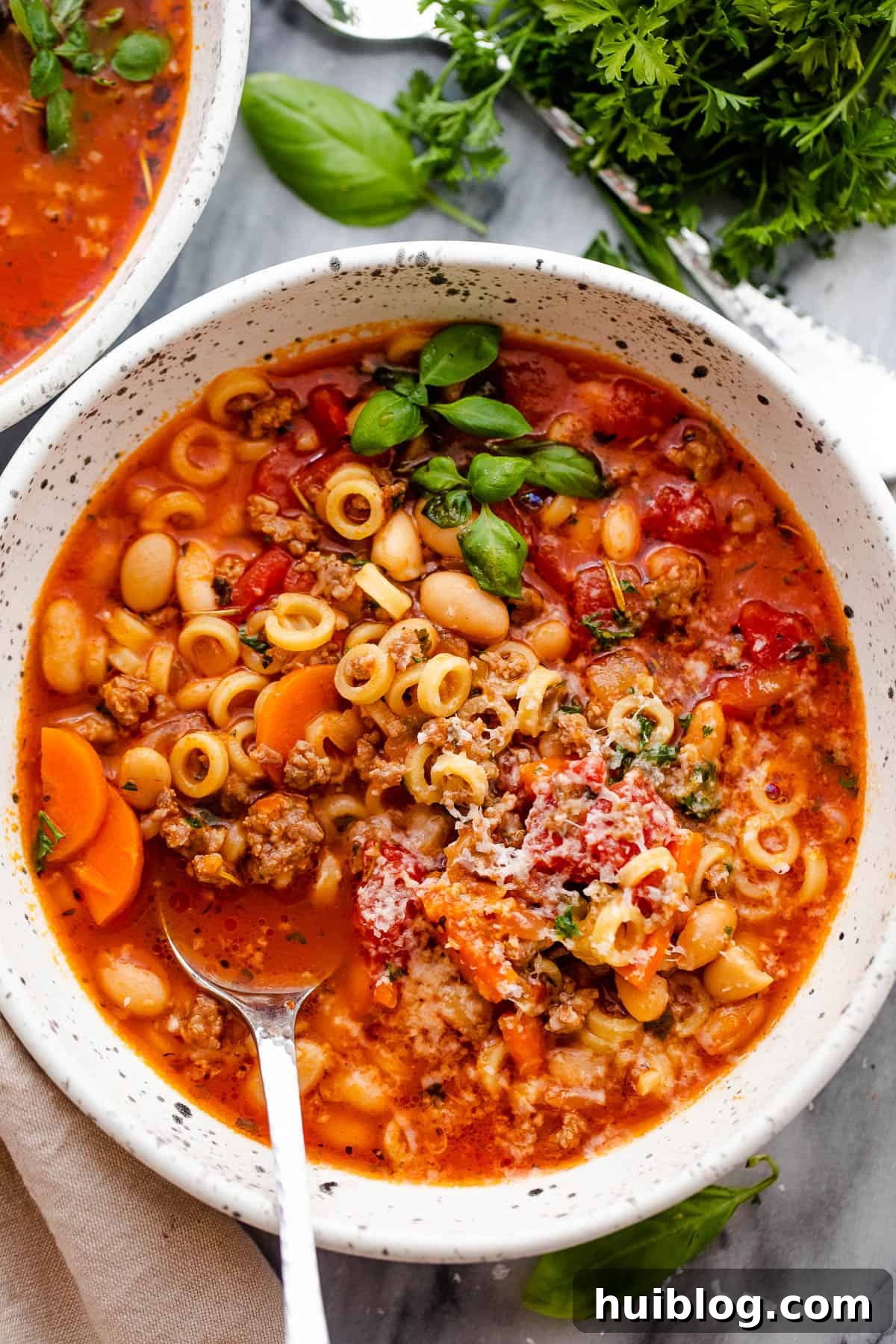 Overhead shot of a bowl of Pasta Fagioli served with a spoon, garnished with Parmesan and parsley.