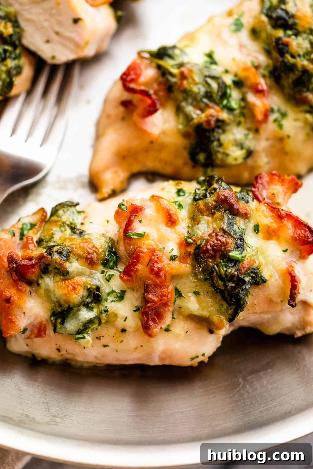 overhead shot of a baked chicken breast stuffed with spinach and bacon on top, garnished with fresh herbs