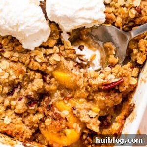 A golden-brown peach crisp in a white baking dish, elegantly topped with three scoops of creamy vanilla ice cream, ready to be served.