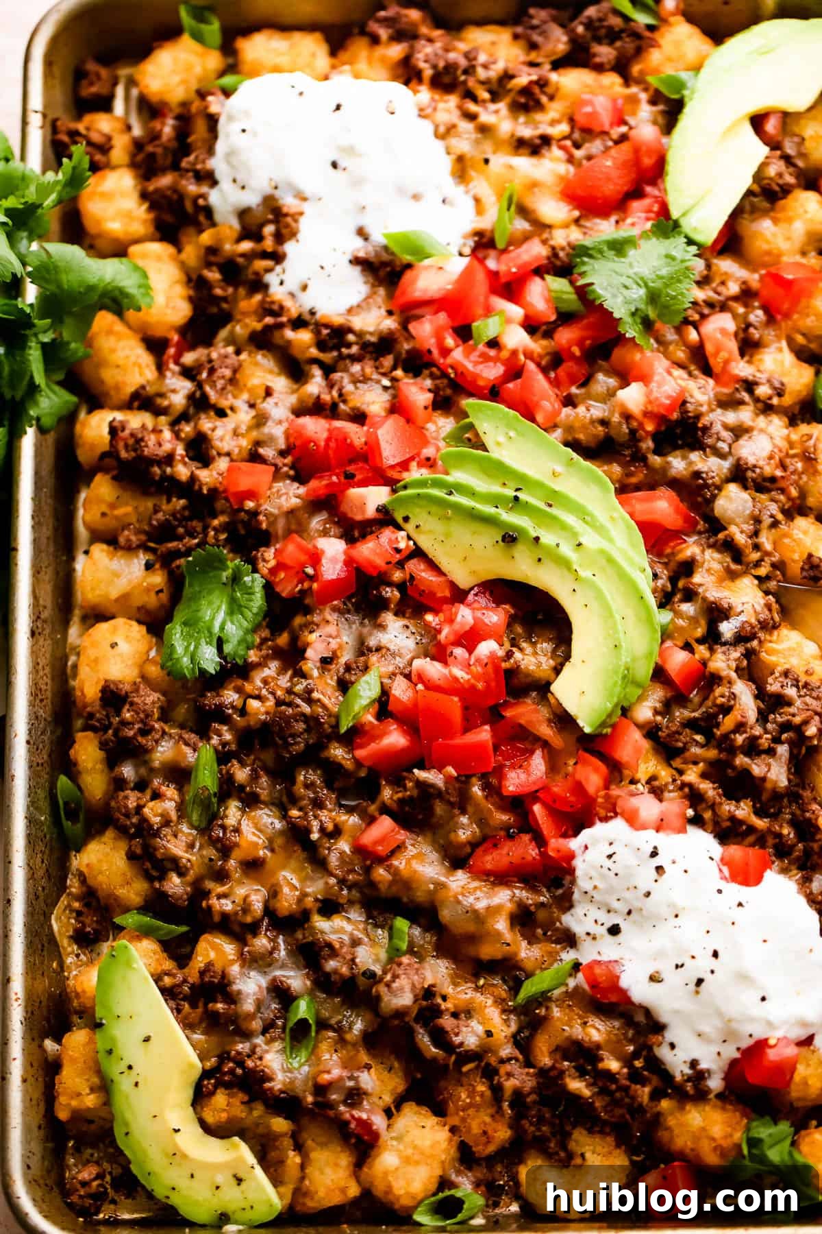 Loaded Sheet Pan Beef Totchos 7 A final, mouth-watering shot of sheet pan totchos, showcasing the complete dish with crispy tater tots, seasoned ground beef, melted cheese, and fresh toppings like diced tomatoes, sour cream, and avocado slices, ready for serving.