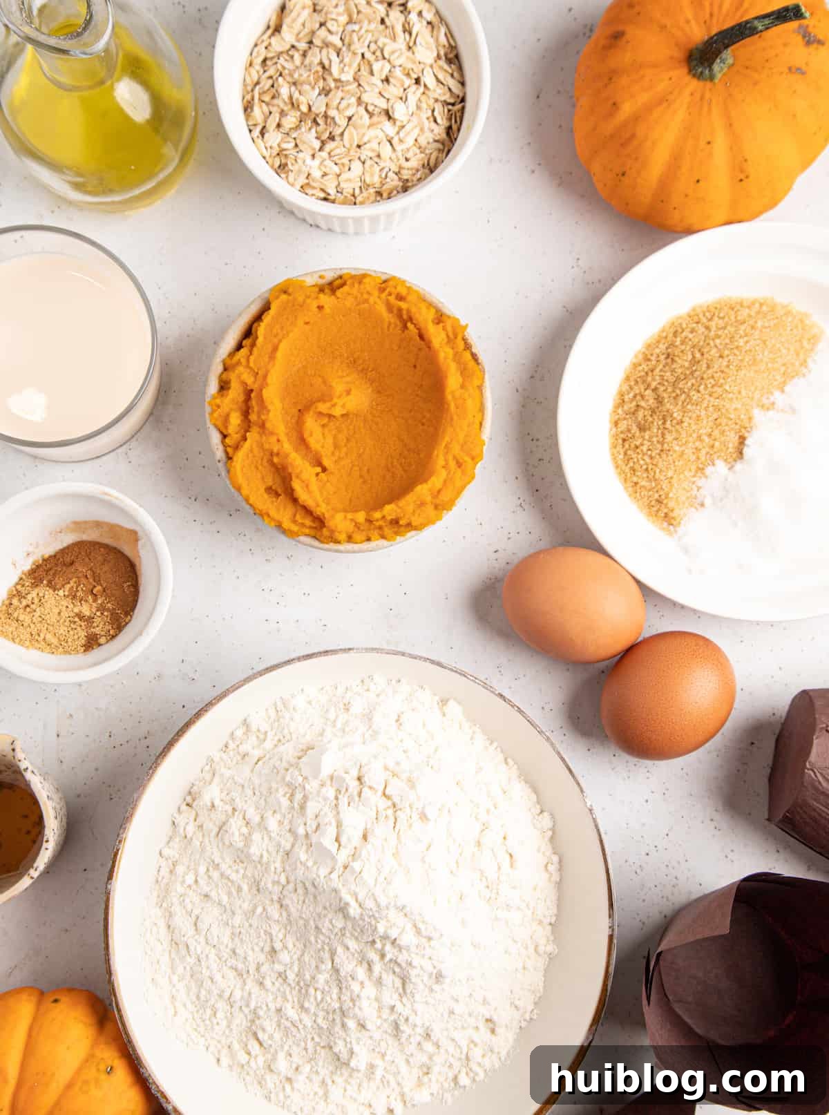 An overhead flat lay shot displaying all the essential ingredients for pumpkin muffins arranged artfully. Clockwise from top: rolled oats, granulated sugar, leavening agents (baking powder/soda), fresh eggs, all-purpose flour, a selection of warm spices (cinnamon, pumpkin pie spice), creamy sour cream, golden honey, and a bowl of melted butter.