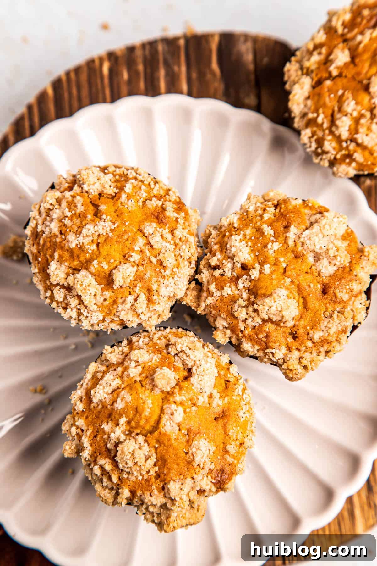 An inviting overhead shot of three freshly baked pumpkin muffins arranged on a simple white plate, highlighting their perfect golden-brown tops and generous cinnamon crumble.
