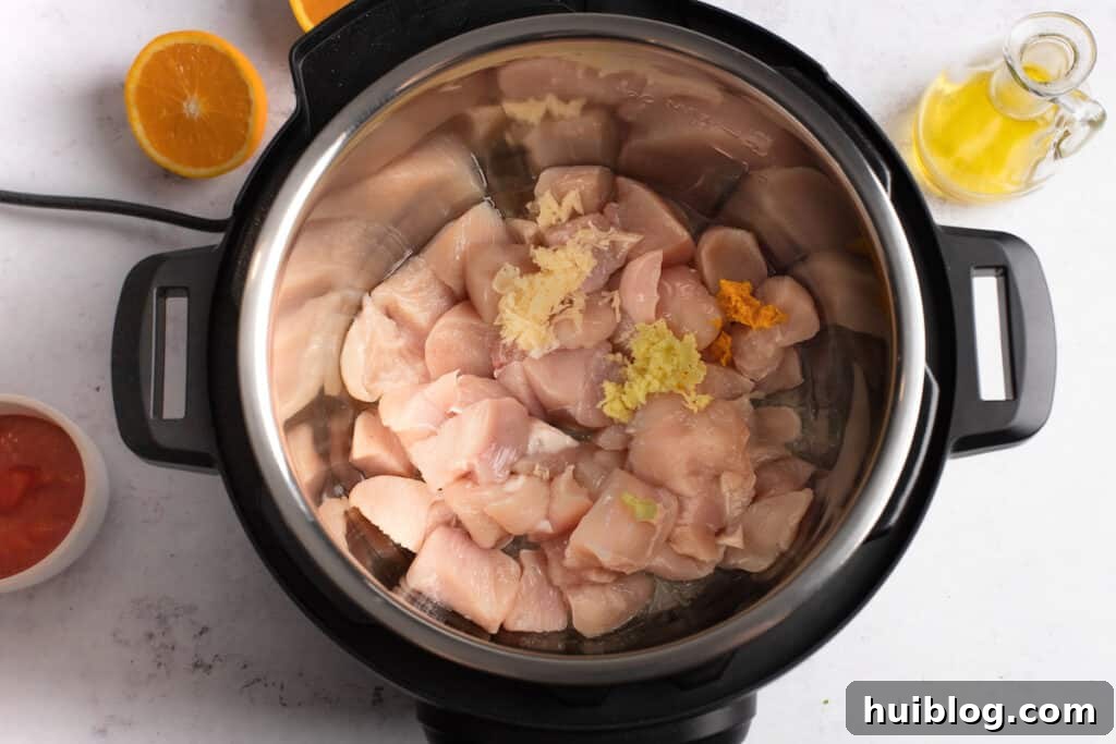 Cubed chicken pieces placed in the inner pot of an Instant Pot, ready for cooking.