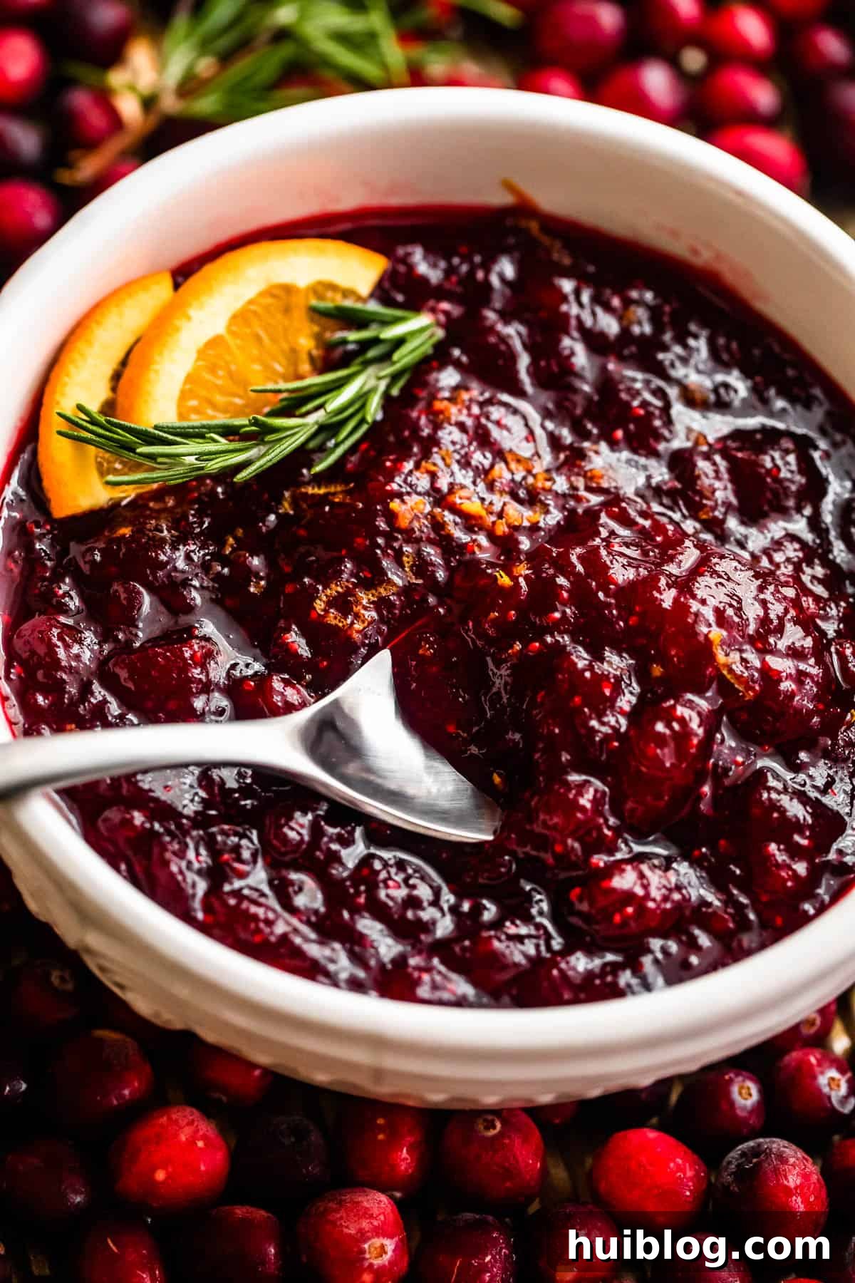 Cranberry sauce inside a white bowl, surrounded by fresh cranberries and garnished with orange slices and a rosemary sprig.