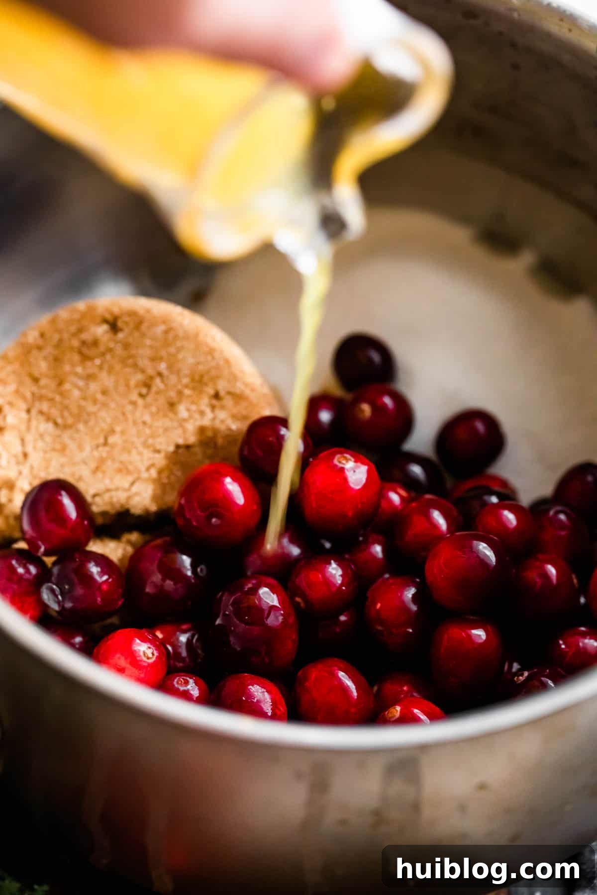 Pouring orange juice over fresh cranberries and sugars inside of a saucepan, showcasing the initial step of making cranberry sauce.