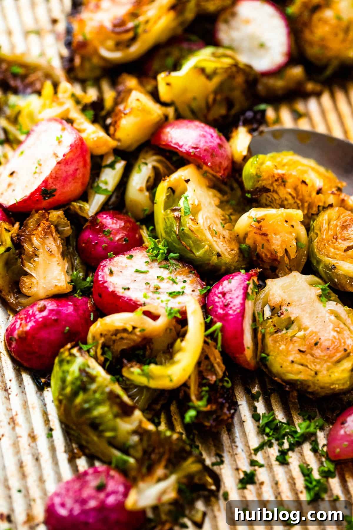 A serving of roasted Brussels sprouts and radishes in a ceramic bowl, garnished lightly, showcasing their appetizing texture.
