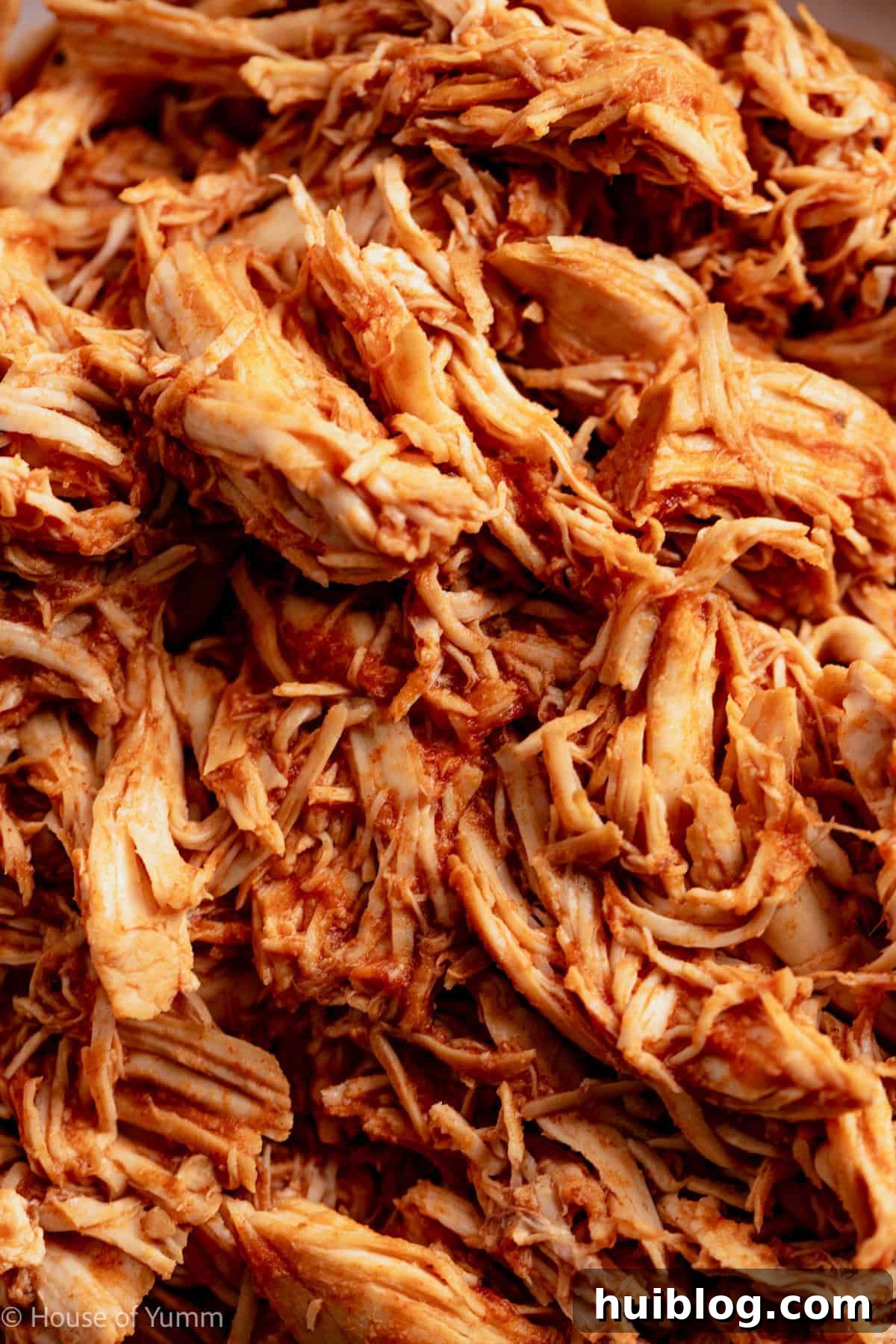 Effortless Slow Cooker BBQ Pulled Chicken 10 Up close of shredded bbq chicken.