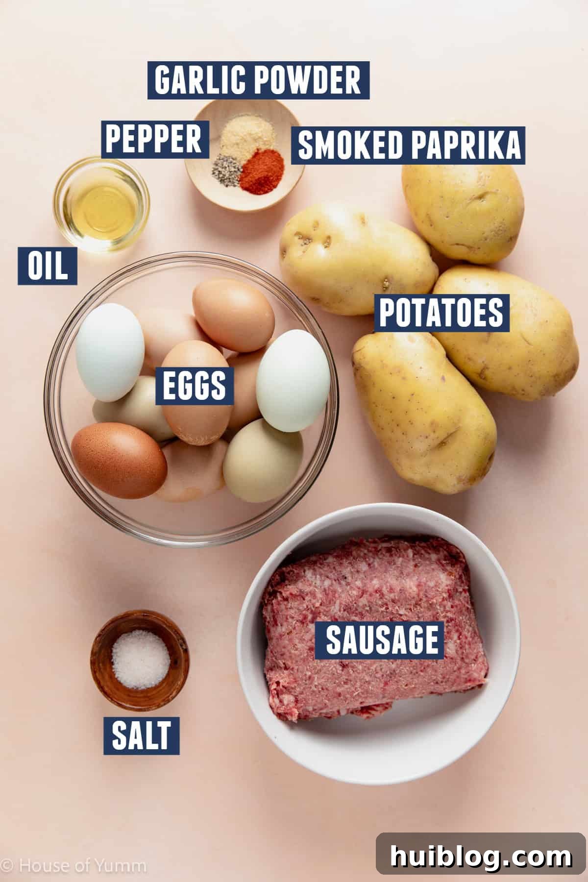 Ingredients needed to make a breakfast burrito bowl for meal prep.
