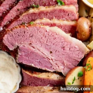 Sliced corned beef on a plate with mustard and horseradish sauce for dipping.
