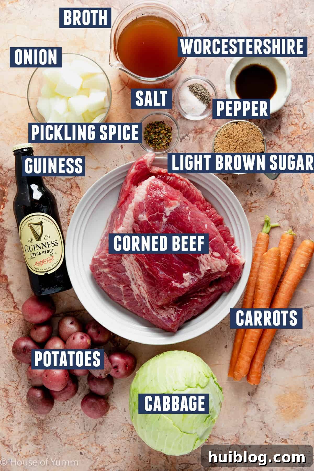 Slow cooker corned beef with guiness ingredients laid out on the counter. 