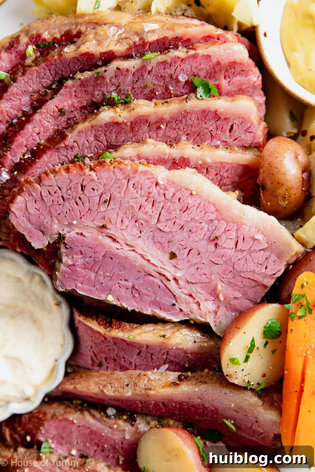 Sliced corned beef on a plate with mustard and horseradish sauce for dipping. 