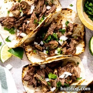 Barbacoa tacos lined up.