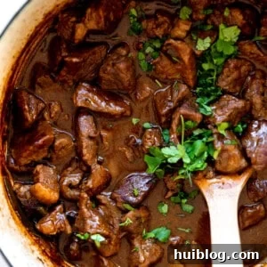 White dutch oven filled with carne guisada topped with fresh cilantro.
