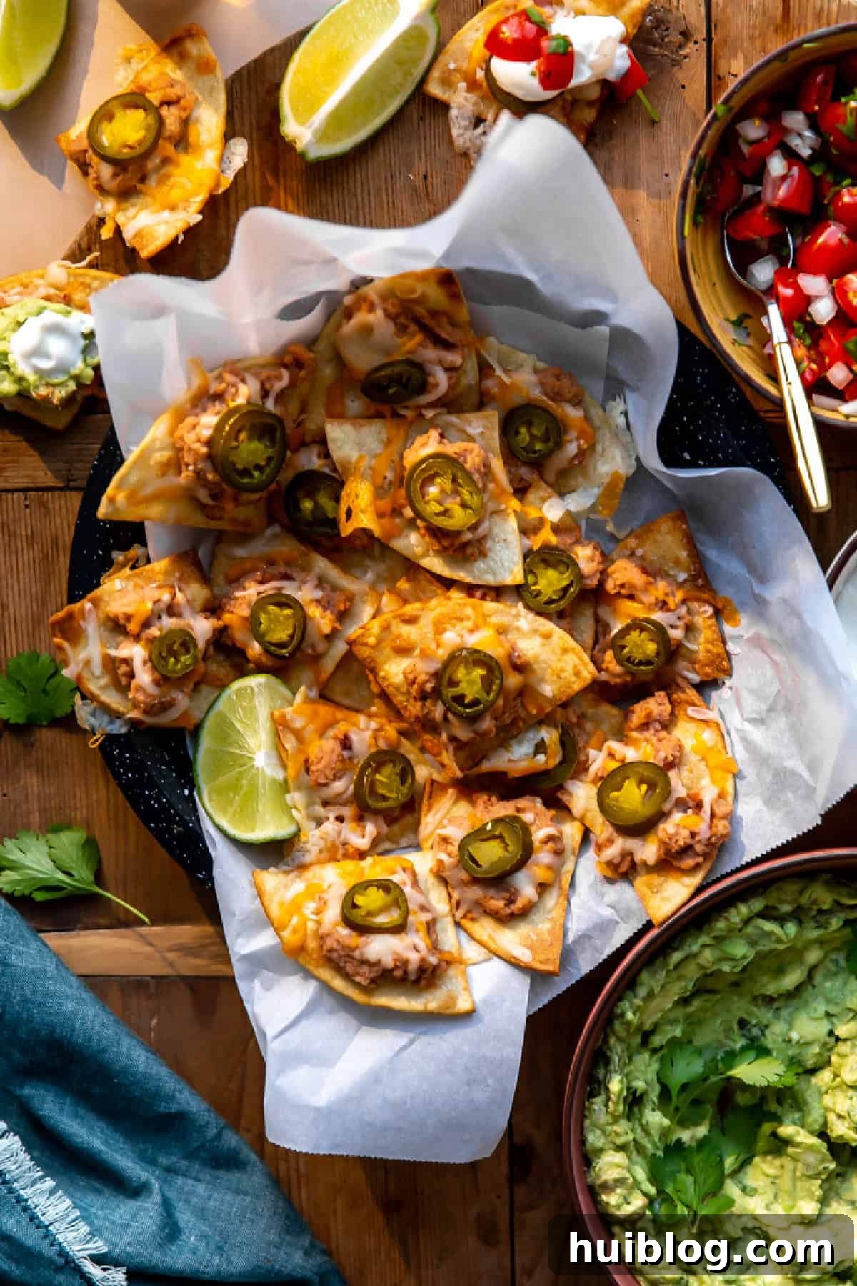 Texas nachos served on a dish with pico and guacamole on the side.